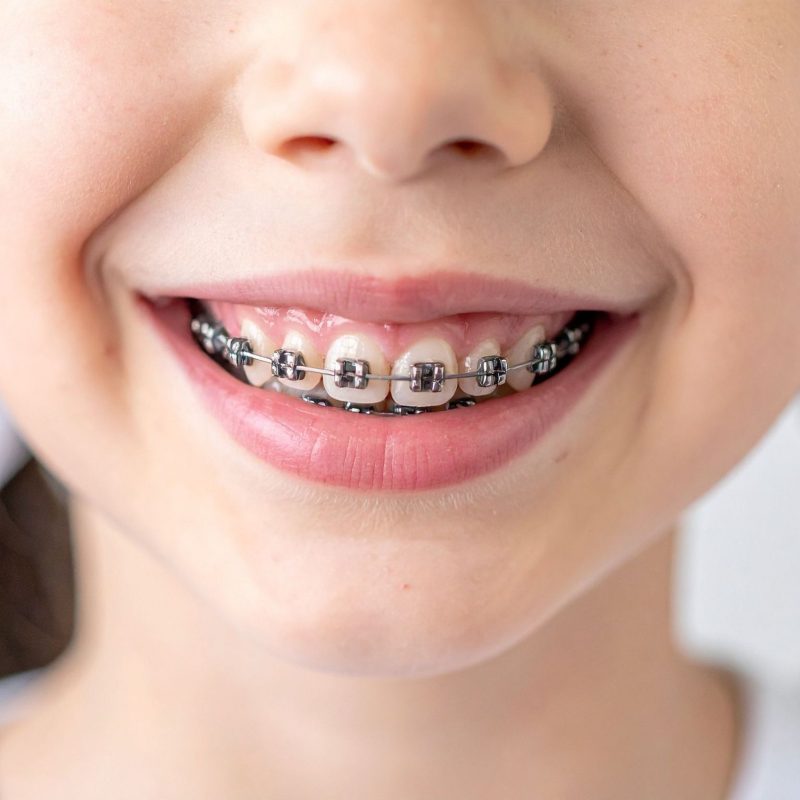Young girl with colourful braces on her teeth