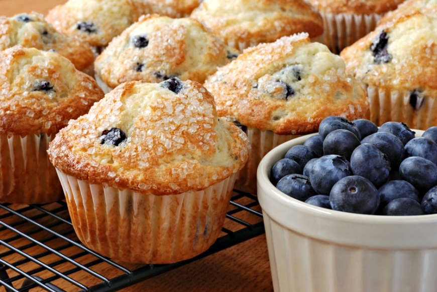Blueberry muffins on tray